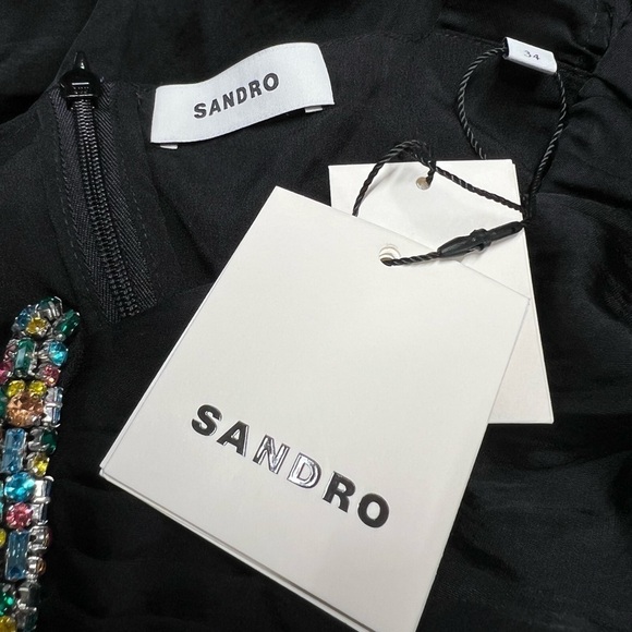 NWT SANDRO Falbala Rhinestone Embellished Cutout Midi Dress Black 0 - Picture 13 of 15